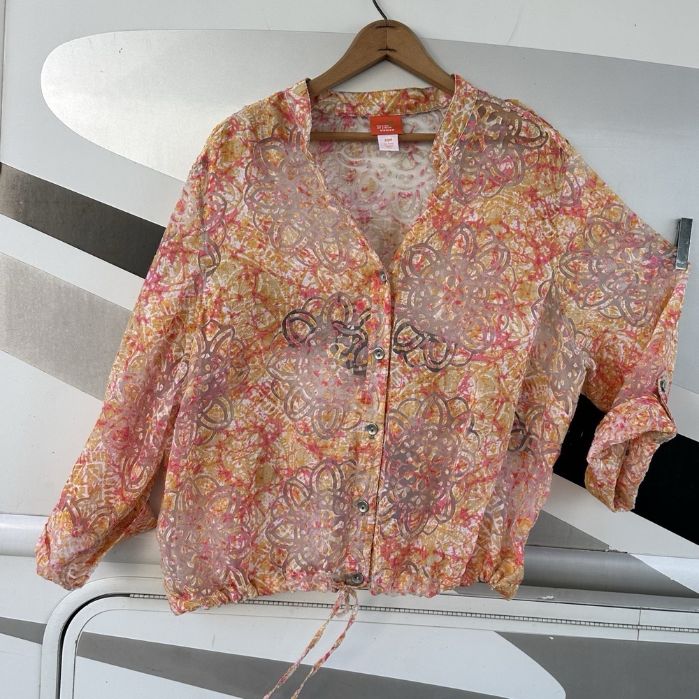 Hearts of Palm Sheer Burnout‎ Blouse Size 22W 3/4 Roll Tab Orange Chic Boho Top